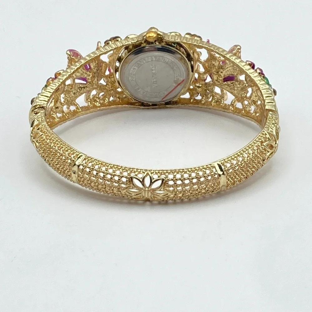 Strada Womens Watch Gold Tone Purple Floral Crystals Cuff 26mm New Battery 6.75